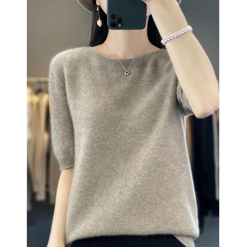 Трикотажная однотонная женская футболка из 100% мериносовой шерсти с короткими