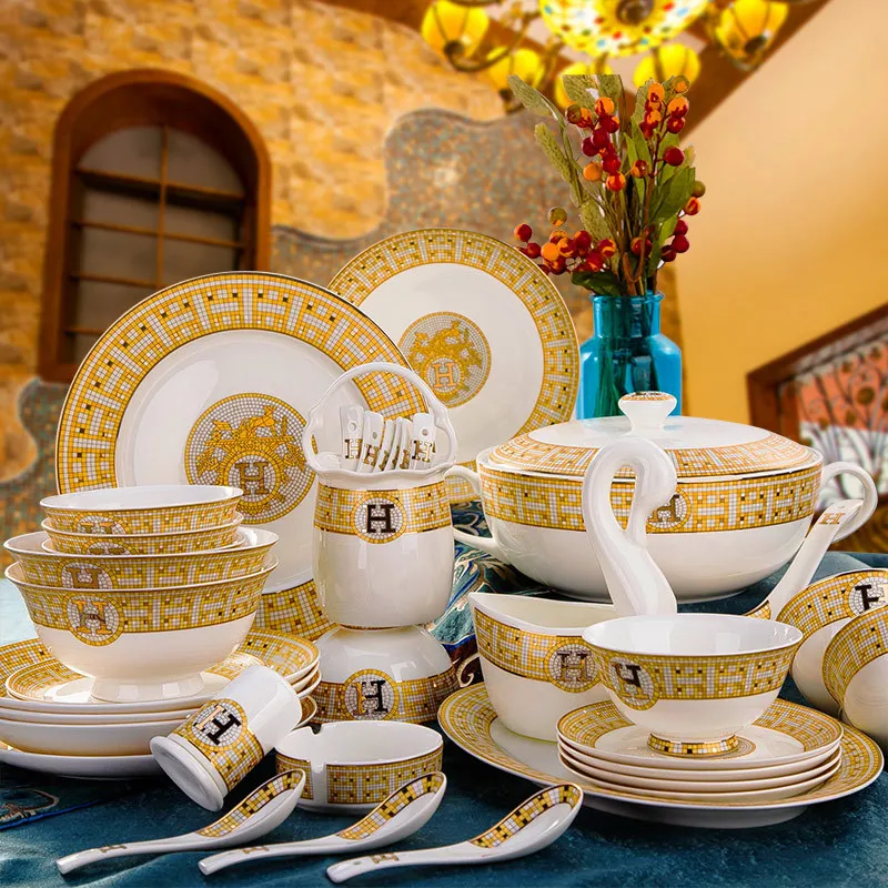

Набор чашек, тарелок и блюд оптом 60 Цзиндэчжэнь керамическая посуда домашние фарфоровые миски и набор посуды
