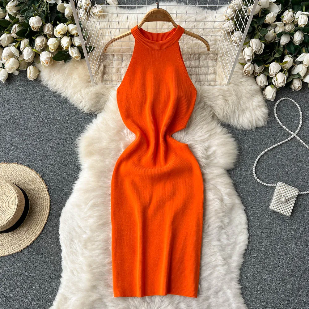

Halter Sleeveless Cut Out Elastic Knit Bodycon Dress French Sexy Chic Elegant Hollow Vestidos Women Summer Slim Women Dress