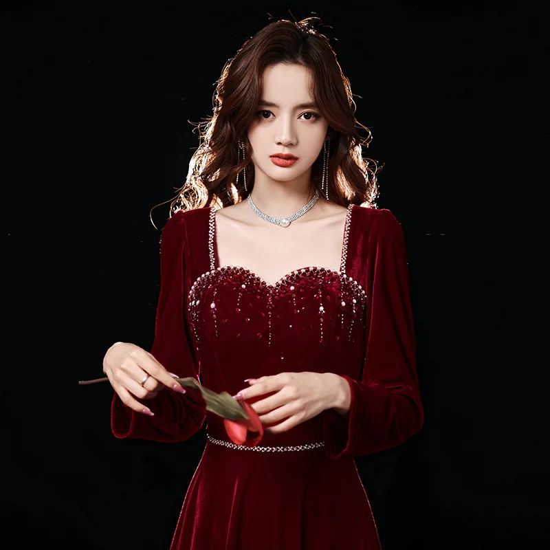 

Grace Rhinestone Dress Bridal Velvet Long Sleeve Chinese Prom Dresses Backless Evening Party Gown With Bow Robe De Soiree