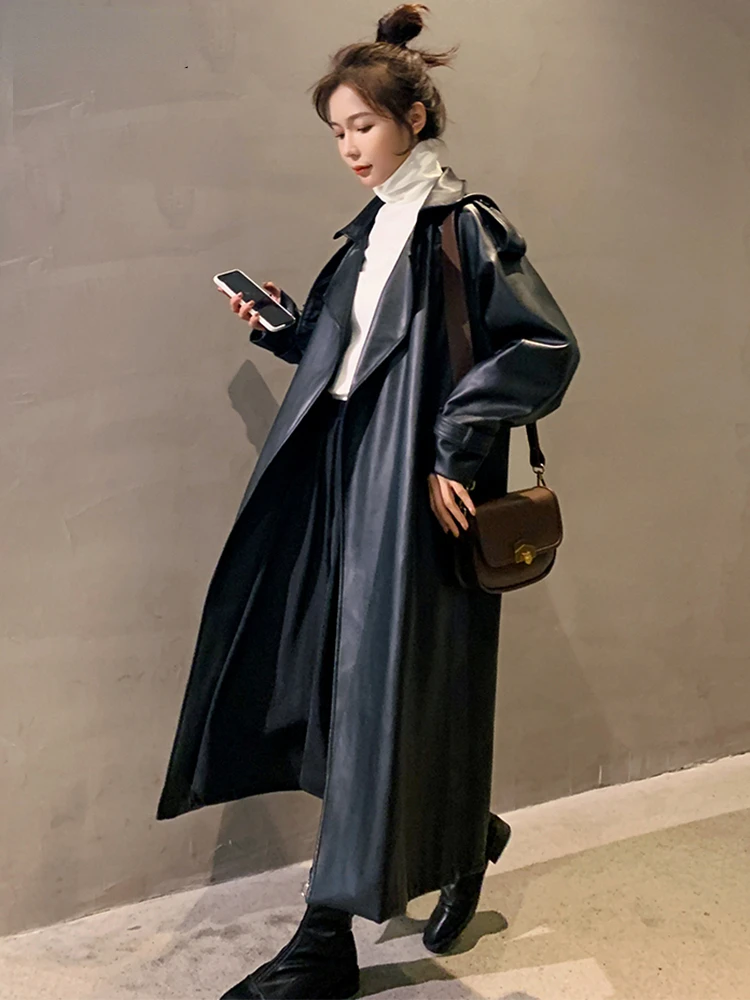 Nerazzurri Spring Black Oversized Long Waterproof Leather Trench Coat for Women 2022 Long Sleeve Loose Korean Fashion Clothing