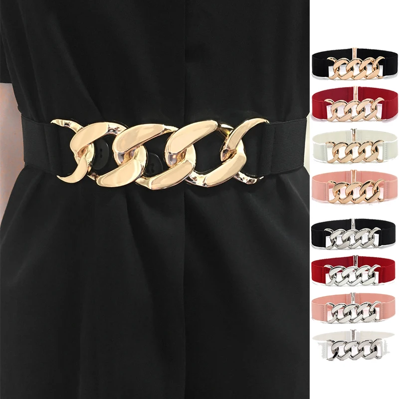 

Fashion Elegant Elastic Wide Women Belt Gold Ring Buckle Decorative woman belts for dress designer belts women high quality