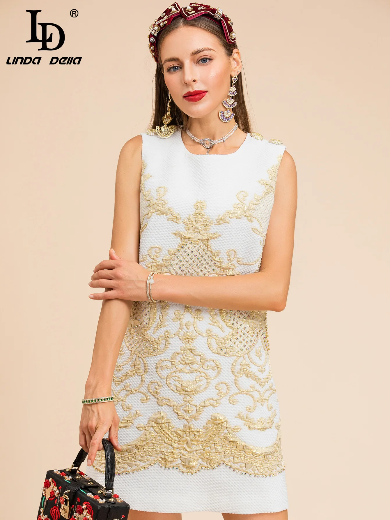 

LD LINDA DELLA Fashion Runway Summer Short Tank Dress Women's O Neck Luxurious Beading Loose Vintage Jacquard Mini Dresses