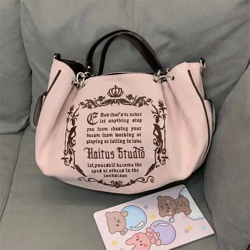 

Y2K Women Pink Vintage Gothic Tote Bag Aesthetic Large Capacity Embroidery Letter Retro Ladies Grunge Chain Travel Shoulder Bags
