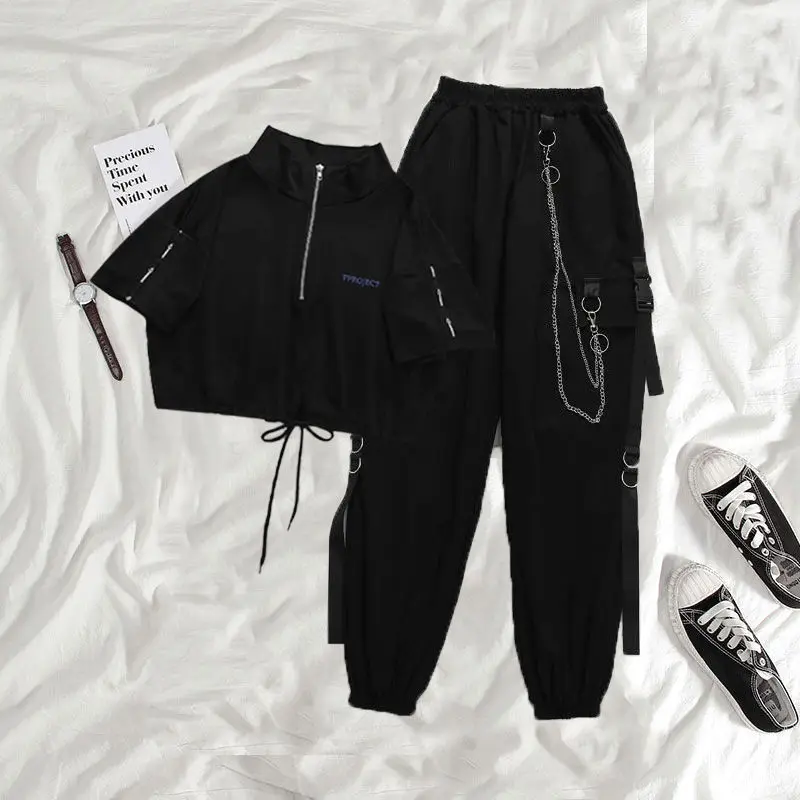 

Harajuku Techwear Women Black Cargo Pants Punk Chain Wide Leg Trousers For Female Hip Hop Mall Goth Streetwear Joggers