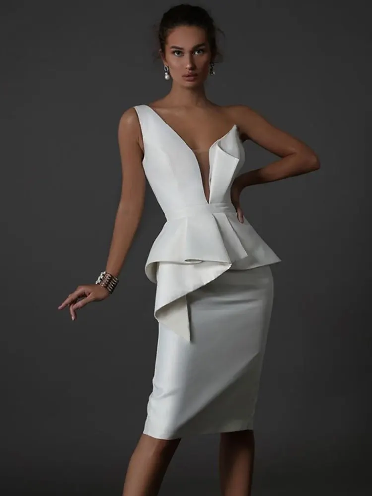 

Free Shipping Summer Elegant One Shoulder Sleeveless Backless Bandage Dress Women V-Neck Mesh Design Bodycon Ruffle Party Dress