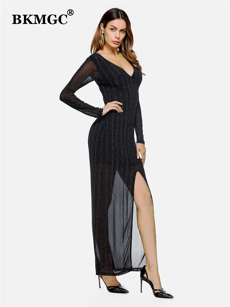 

Платье BKMGC женское длинное с V-образным вырезом, пикантное полупрозрачное с длинными рукавами, с яркими вертикальными полосками, с Боковым Р...