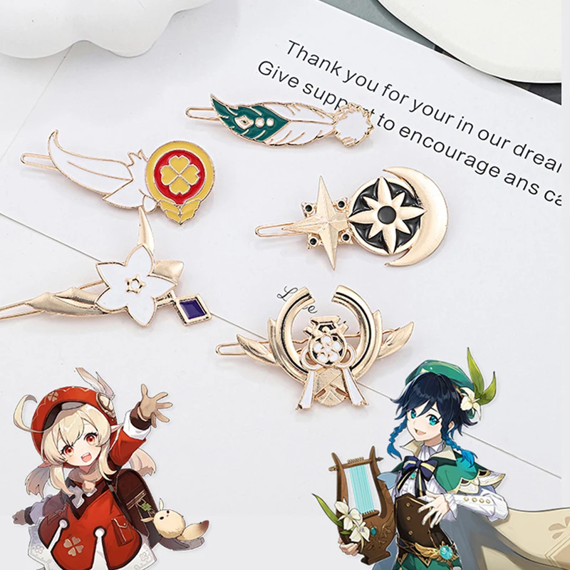 

Genshin Impact Account Hairpin Cosplay Cute Vinti Klee Mona Keqing Hairpins Feather Flower Side Clip Bangs Clip Jewelry Gift