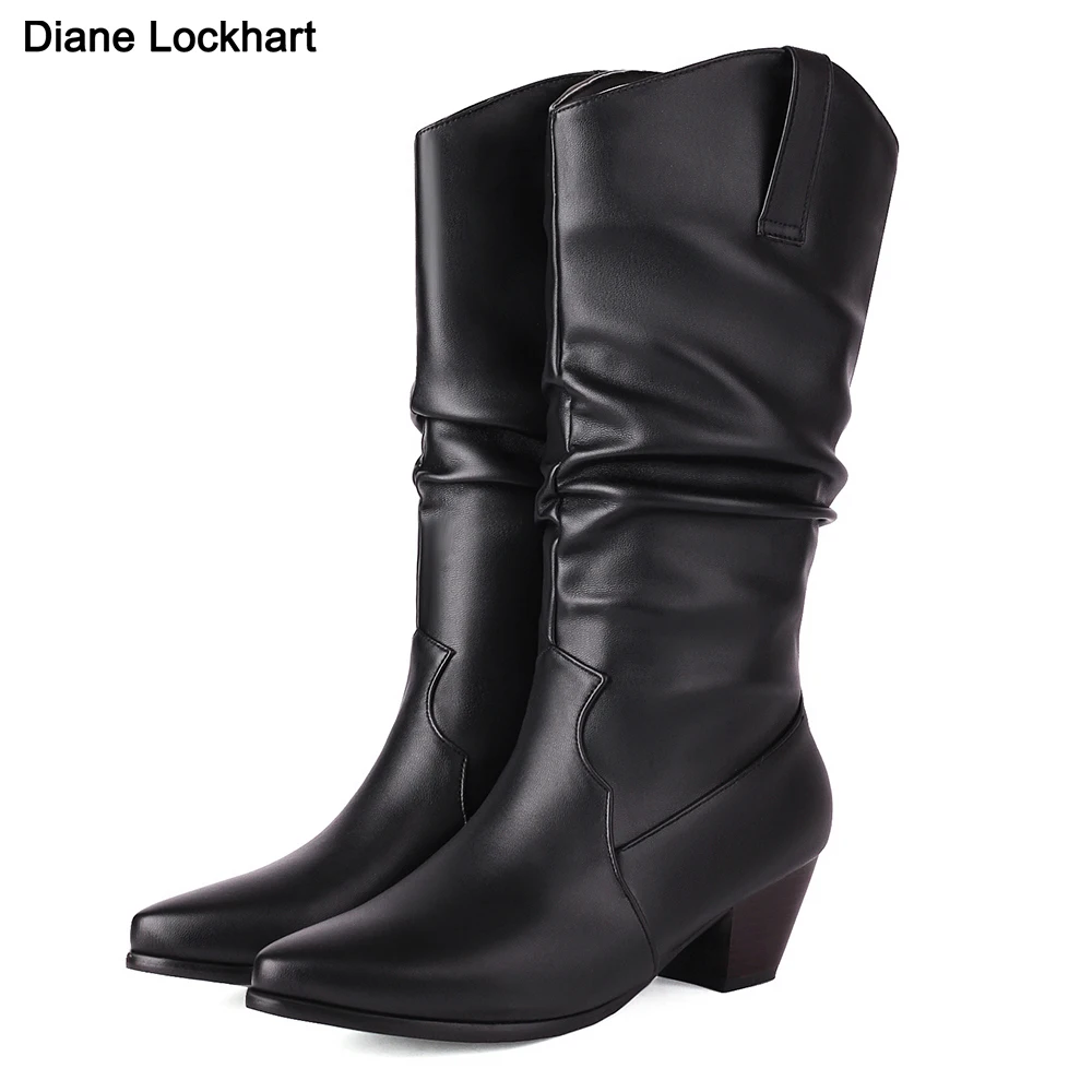 

Fashion Pleated Thick Heels Boots Women 2023 Autumn Pointed Toe Pu Leather Mid Calf Boots Woman Gothic Slip on Designer Shoes