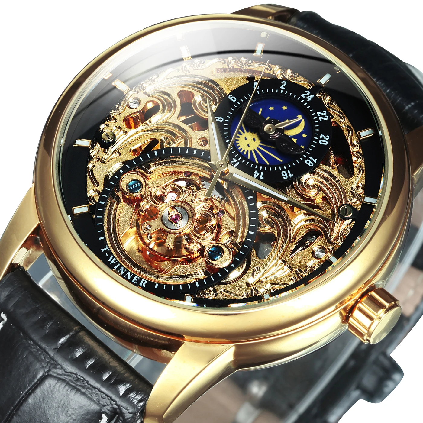 

WINNER Gold Retro Skeleton Automatic Watch for Men Tourbillon Moon Phase Luxury Brand Mechanical Watches Leather Strap Luminous