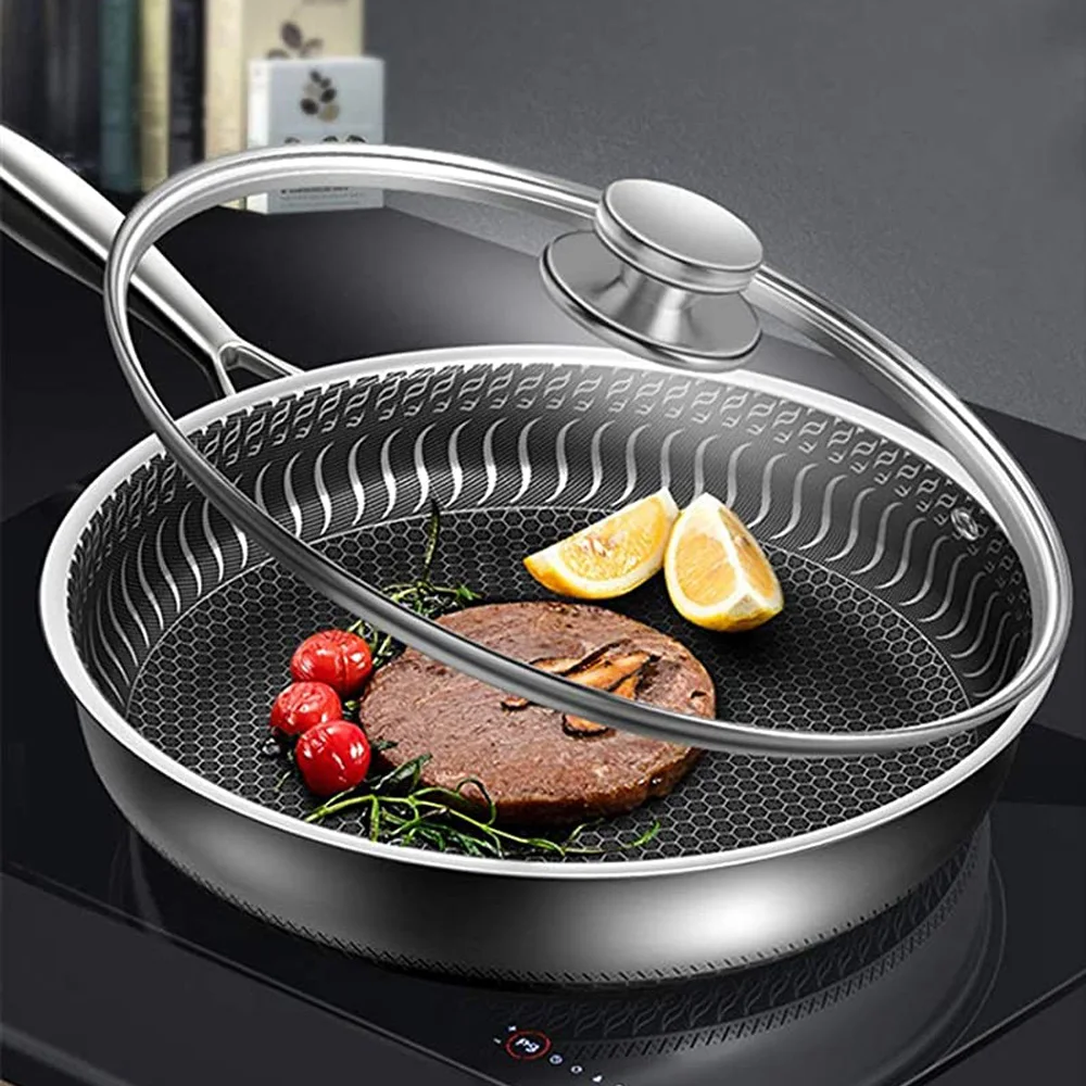 

30CM Pan with Lid 316 Stainless Steel Frying Pans Non-stick Uncoated Wok Pan Double-sided Honeycomb Skillet