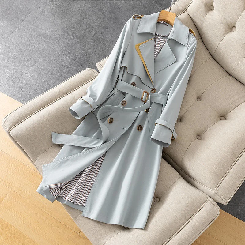 

UK Brand new Fashion 2022 Fall /Autumn Casual Double breasted Simple Classic Long Trench coat with belt Chic Female windbreaker