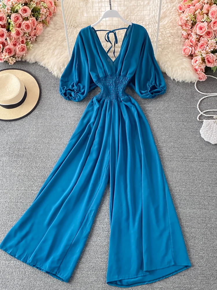 

Vintage Blue/Black/Yellow Romper Women Casual V-Neck Short Puff Sleeve High Elastic Waist Elegant Wide Leg Jumpsuits Female 2021