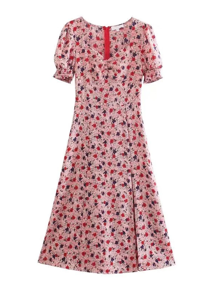 

Женское винтажное платье-миди с цветочным принтом и рукавами-фонариками