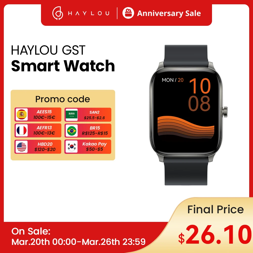 HAYLOU GST Smart Watch Men Women Watch Blood Oxygen Heart Rate Sleep Monitor 12 Sport Models Custom Watch Face Global Version