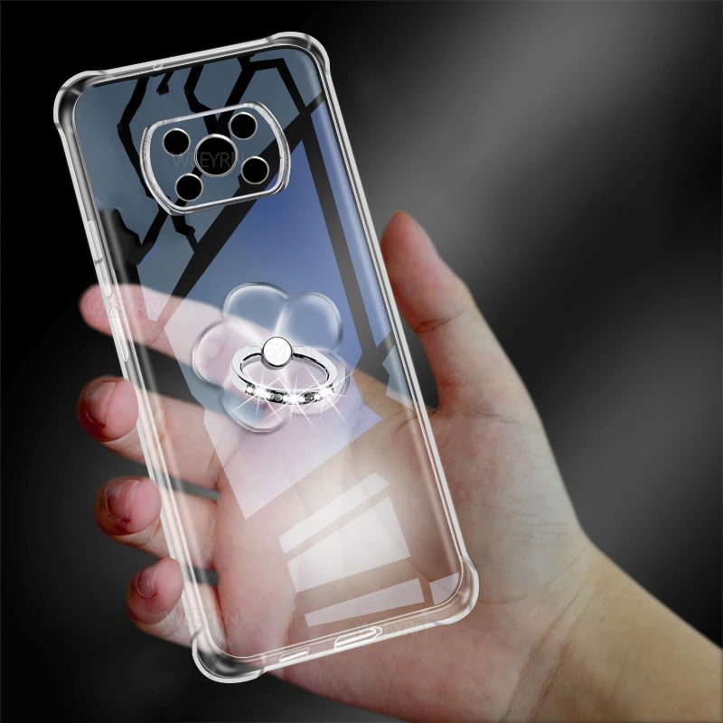 

3D Cute Cartoon Ring Holder Case For Xiaomi Poco X3 M3 F3 X4 M4 Pro 4g 5g X3 NFC Clear Shockproof Silicone Protection Soft Cover