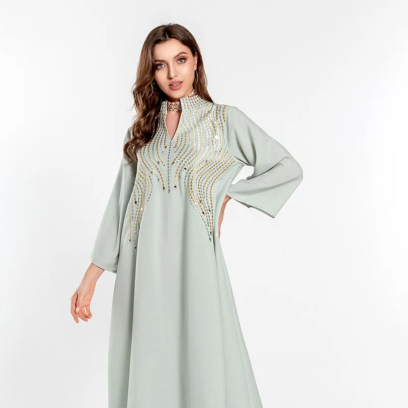 Women Pleated Muslim Dress Autumn Full Sleeve O-Neck Solid Color Sundress Casual Loose Elegant Robe Turkey Abaya Vestido