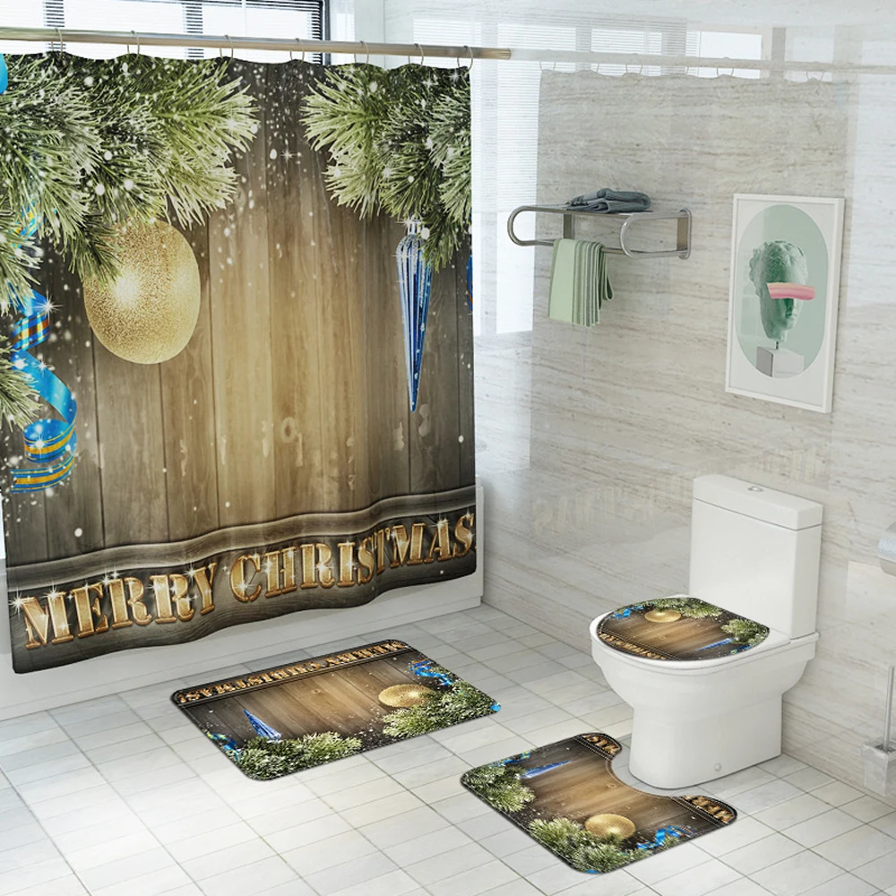 

Colorful Christmas Balls Shower Curtain Set Xmas Snowflake Pine Tree with Non-Slip Rugs Toilet Lid Cover Bath Mat Bathroom Decor