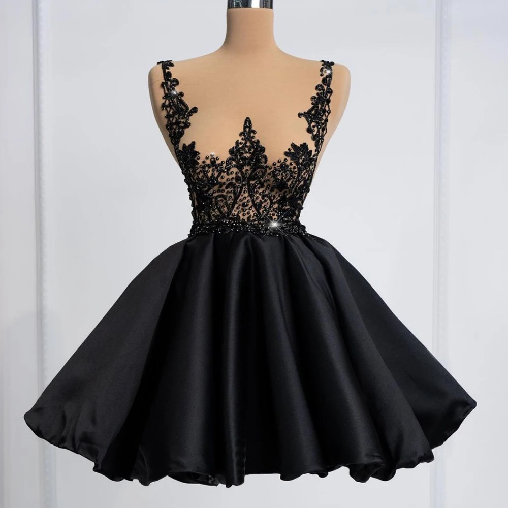 Appliques Black Mini Party Dress A-line Ruffled Crystals Beaded Woman Clothes See Through Sexy Girl Cocktail Dresses Ever Pretty