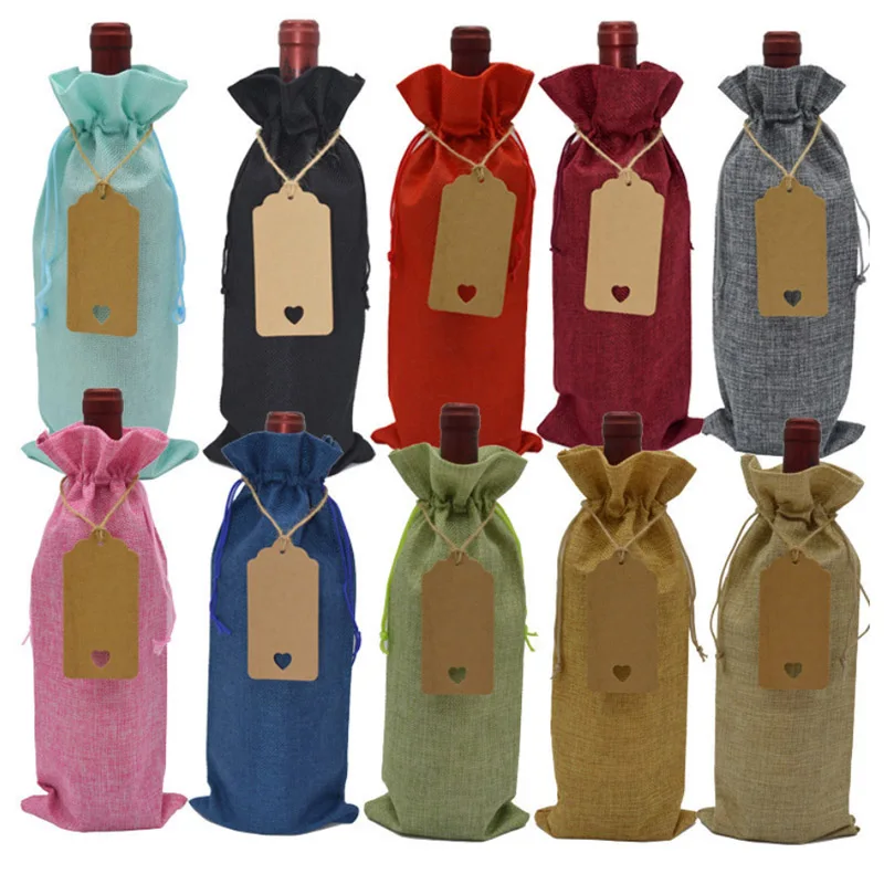 

Jute colorful Wine Bottle Gift Bags with cards15x36cm (6x13.75") pack of 12 Linen Drawstring Pouches The table Decoration