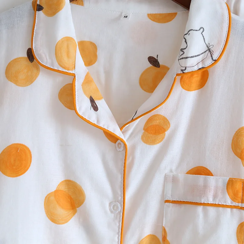 Pajamas Three-piece Set Women Short-sleeved Shorts Trousers Spring/summer Cotton Gauze Thin Lapel Sweat-absorbing Home Clothes