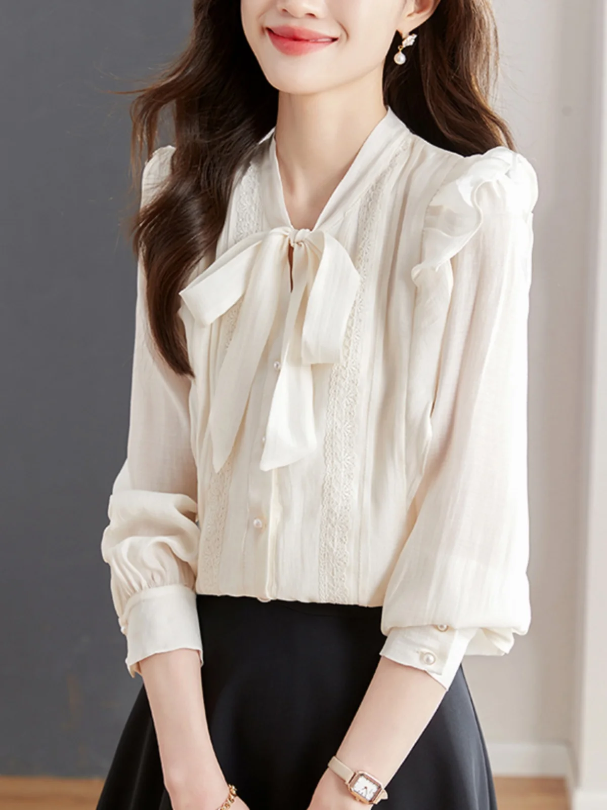 Шифоновые рубашки с французским бантом женские весенние 2024 новая рубашка в стиле