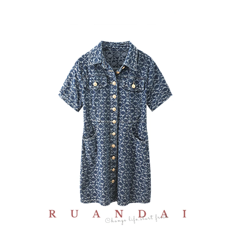 Tweed Printed Short-sleeved A-line Skirt for RUANDAI 2022 Summer New French Denim Lapel Single-breasted Dress Women