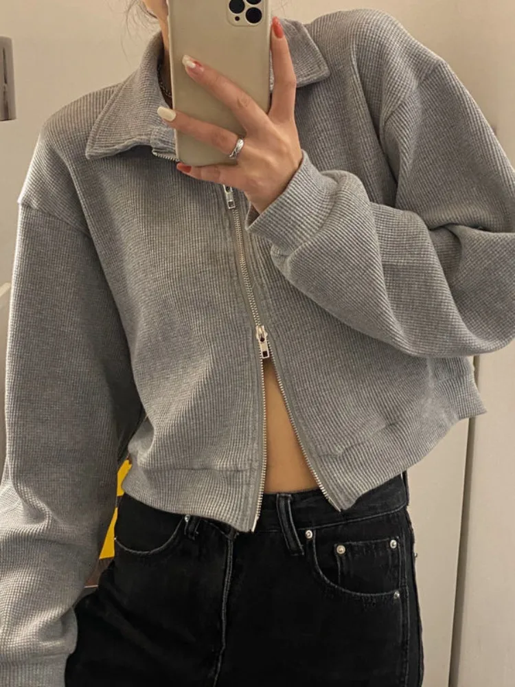 

Deeptown Korean Style Zip Up Crop Sweatshirts Women Harajuku Fashion Solid Hoodies Casual Aesthetic Loose Long Sleeve Top Autumn