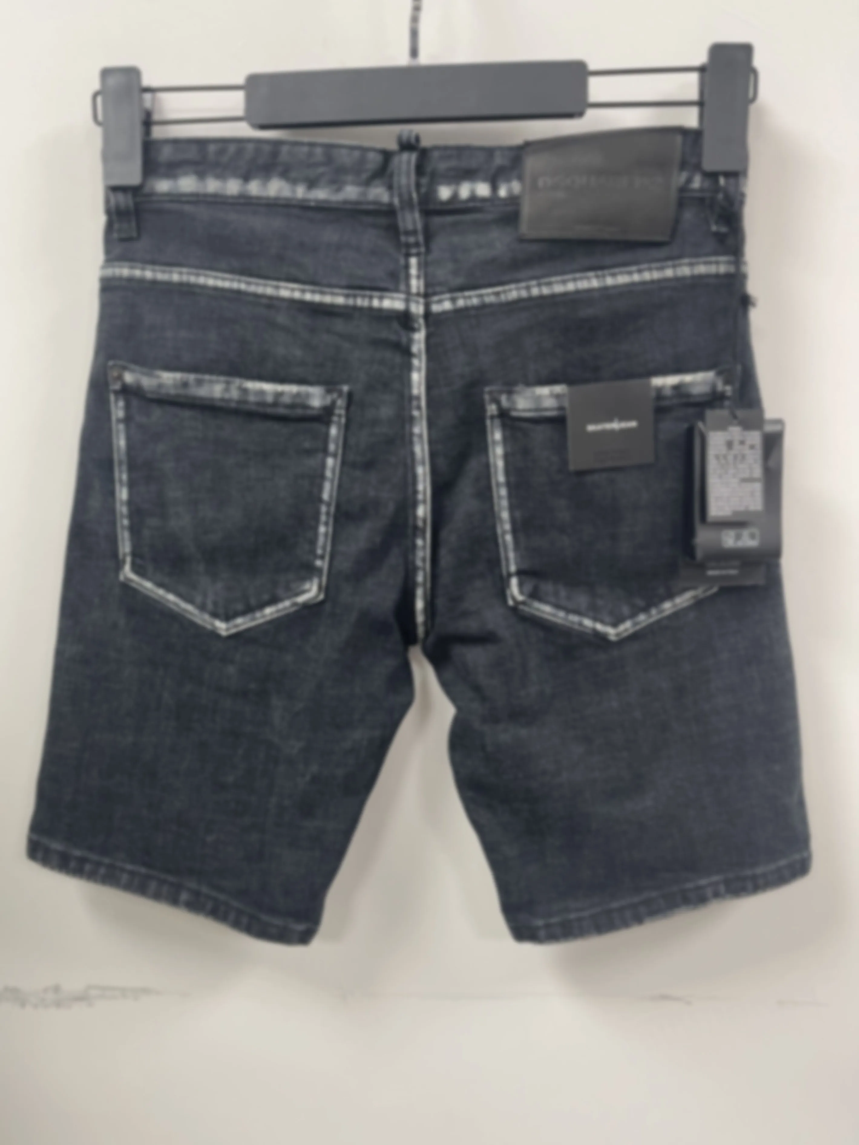 2024 Summer D2 Jeans Trendy Men's Water Washed Worn Hole Patch Light Blue Slim Fit Micro Elastic Denim Shorts Men