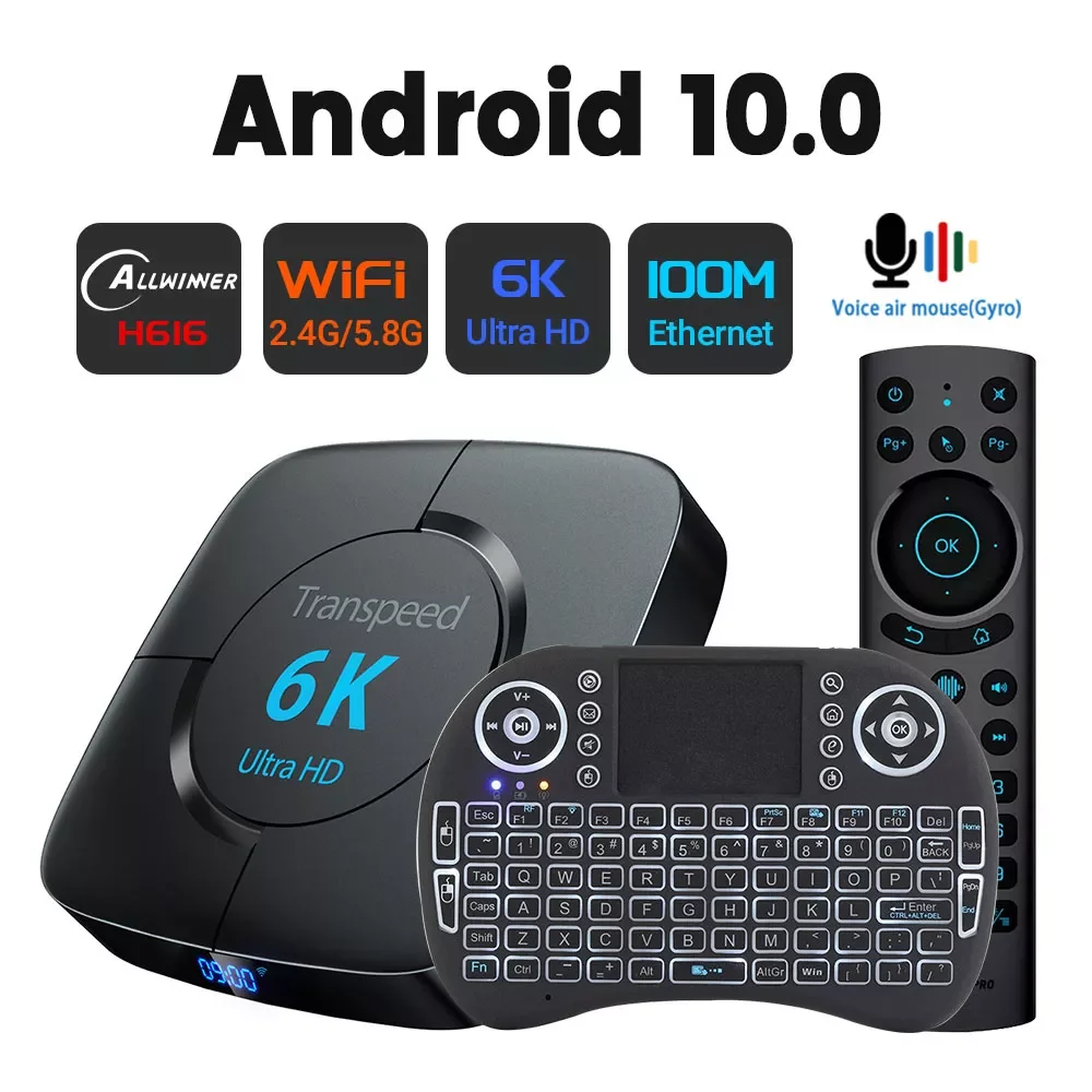 

Transpeed Android 10.0 TV Box Blacklight 6K 3D 2.4G&5.8G Wifi Voice Assistant 4GB RAM 32G 64G Qualty Very Fast Box