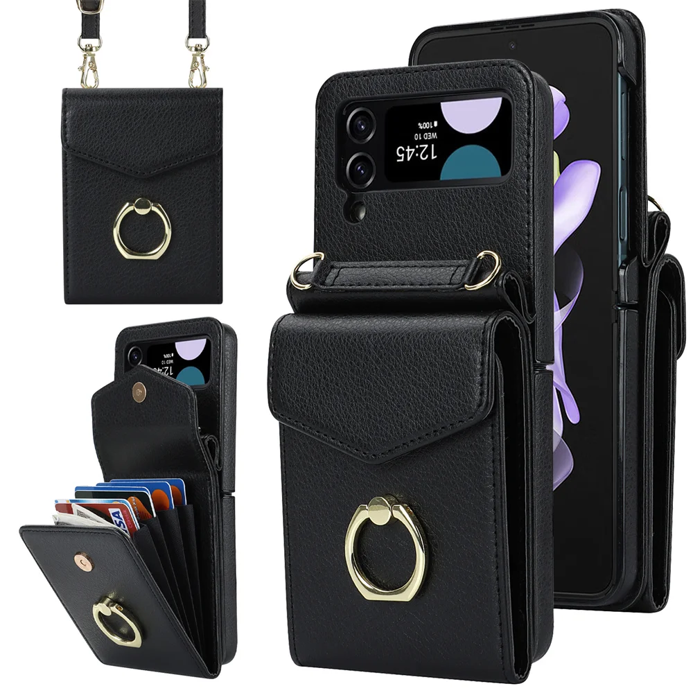 

Ring Stand Crossbody Case For Samsung Galaxy Z Flip 4 3 Flip4 Flip3 5G RFID Blocking Organ Card Holder Lanyard Leather Cover