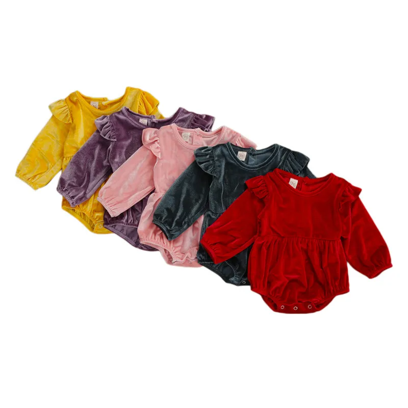 

Baby Girls Romper Gold Velvet Solid Color Long Sleeve Round Neck Button Closure Outfit Back Button Ruffle Spring Autumn Clothing