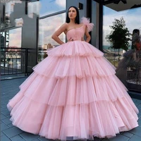 pink one shoulder quinceanera dress dubai ball gown tiered pleats long formal prom gowns saudi arabic sweet 16 dresses