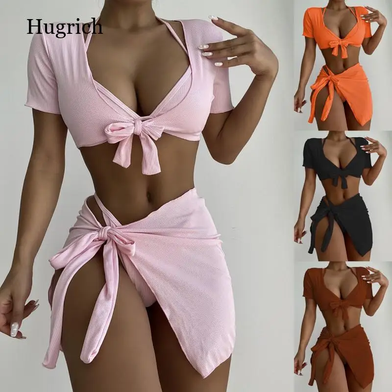 

Solid Color V Neck Bikini Set Women Swimwear Sexy High Waist Swimsuit Short Tied Sleeve Bathing Suit Summer Beach Swim Wear