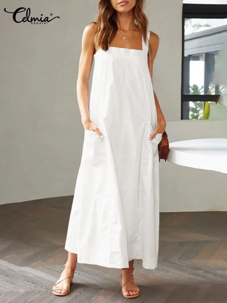 

Celmia Streetwear Straps Long Dress Sleeveless Fashion Pockets Women Midi Vestidos Backless Solid Casual Loose Topstitching Robe
