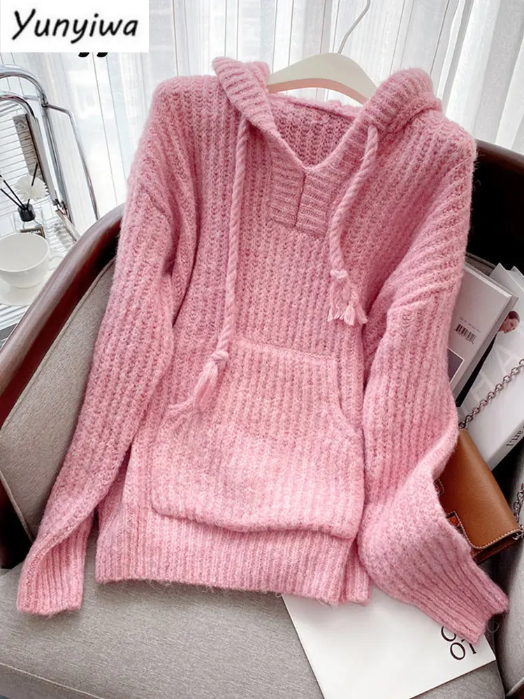 

Pink Sweater Women Pullovers Hooded Drawstring Knitted Casual Fashion Korean Chic Autumn Winter Jumpers Clotse Clotpers.