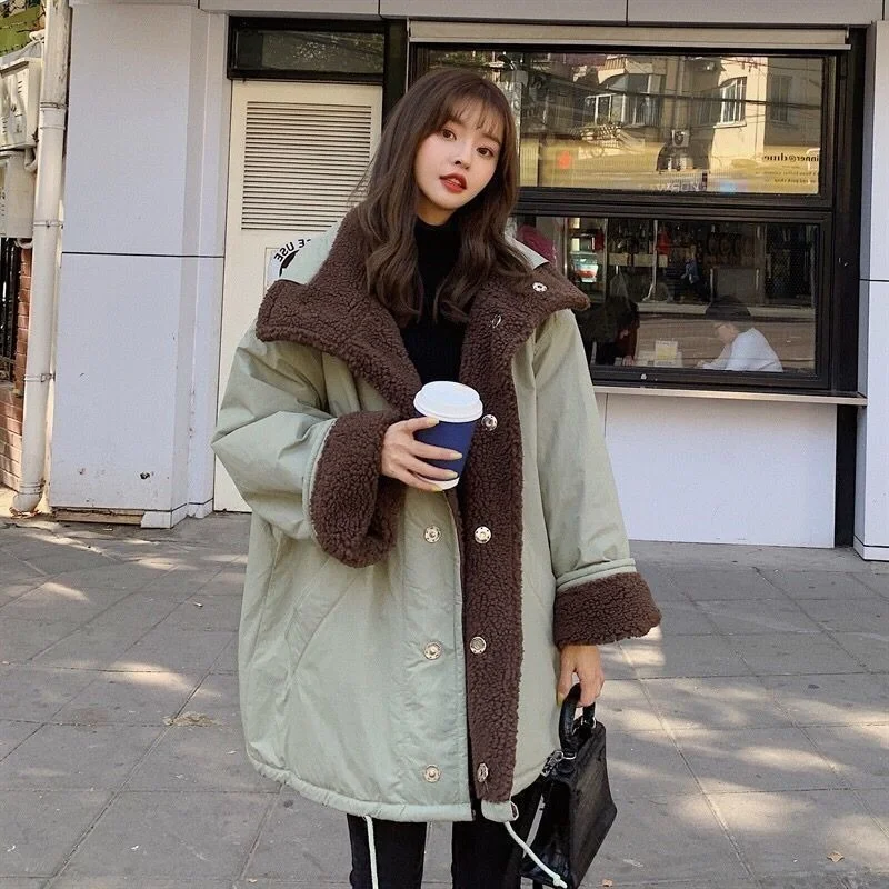 

Both Sides Wear Lamb Wool Coat Women's Winter Padded Jacket 2021 Korean Version Loose Student Thickening Tooling Padded Jacket