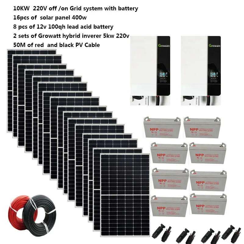Solar Panel Kit Complete For Home 10000 w 10000W 220v 110V Growatt Hybrid Inverter Off Grid Solar System Home Farm Bedroom Villa