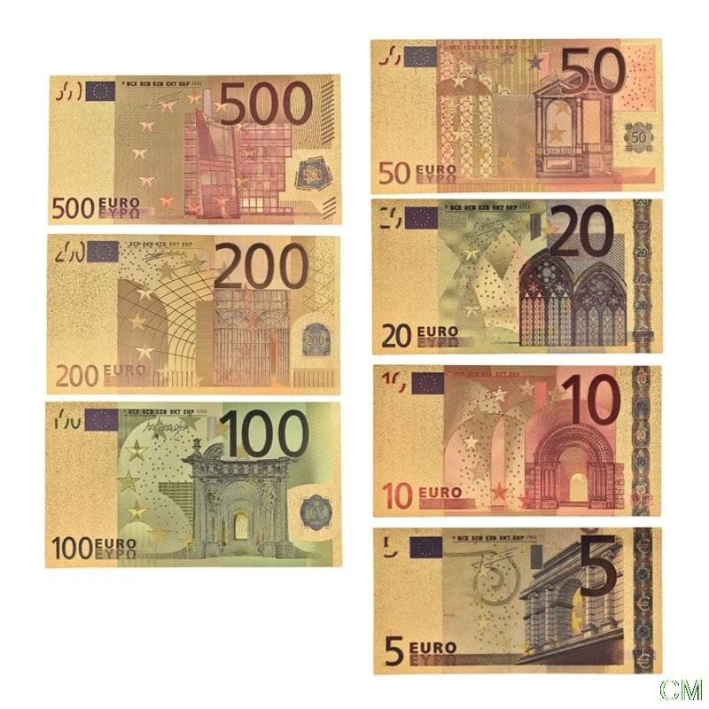 

7pcs/lot 5 10 20 50 100 200 500 EUR Gold Banknotes in 24K Gold Fake Paper Money for Collection Euro Banknote Sets