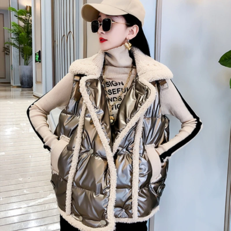 

2022 Autumn Winter Short Sleeveless Cotton Vest Jacket Women's Imitation Lamb Wool Slim Korean Style Fashion Waistcoat Warm Vest