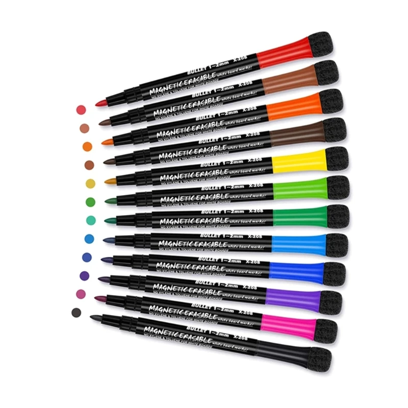 

12 Assorted Colors Dry Wipe Pen Magnetic Markers Pen with Eraser, Dry Erases Pen Whiteboard Pens Dry Erases Marker Pens