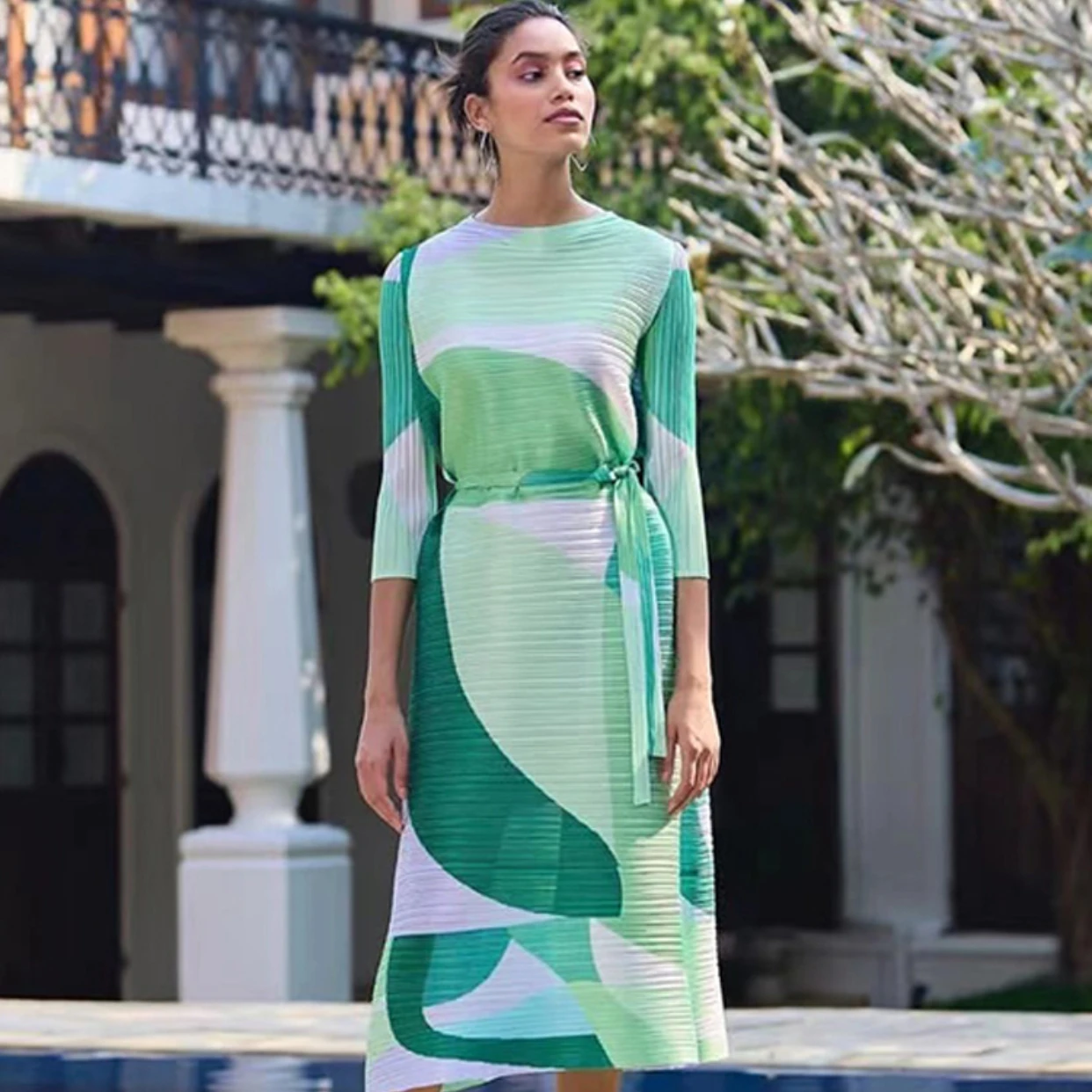 YUDX Miyake Pleated Women Dress Hit Color Geometric with Belt Sashes Over Long Sweet Casual Fashion Tide Dresses 2023 Summer New