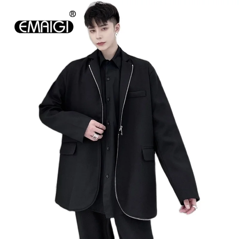 

Men Zipper Design Casual Loose Suit Blazers Jacket Male Japan Streetwear Harajuku Black Suit Coat Stage Clothing