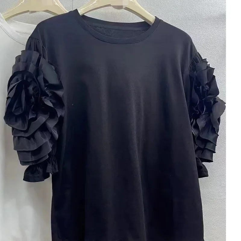 2024 весна-лето круглый вырез короткие рукава 3D цветок полый крой дизайнерский