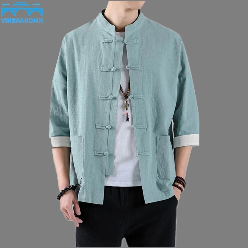 

Новинка 2022, мужские топы в китайском стиле, льняной костюм Тан с рукавом до локтя, однотонная Традиционная рубашка ханьфу в китайском стиле, ...