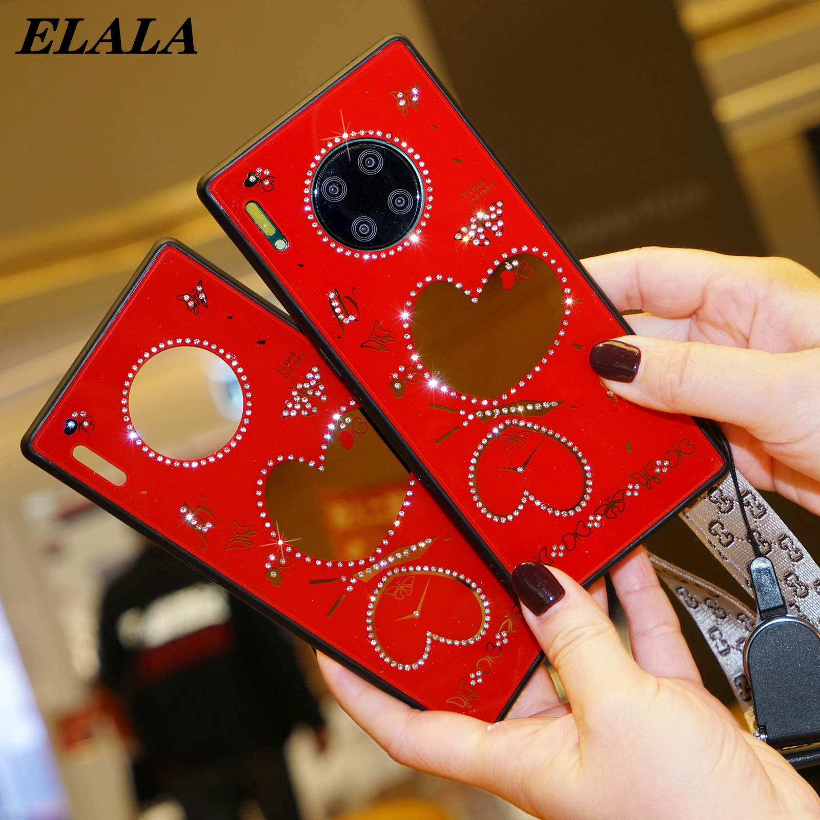 

Mate 40 Pro Back Cover Fashion Beauty Mirror Huawei P30 P40 Pro Phone Case Mate 30 Coque with Lanyard Glitter Rhinestone Shell