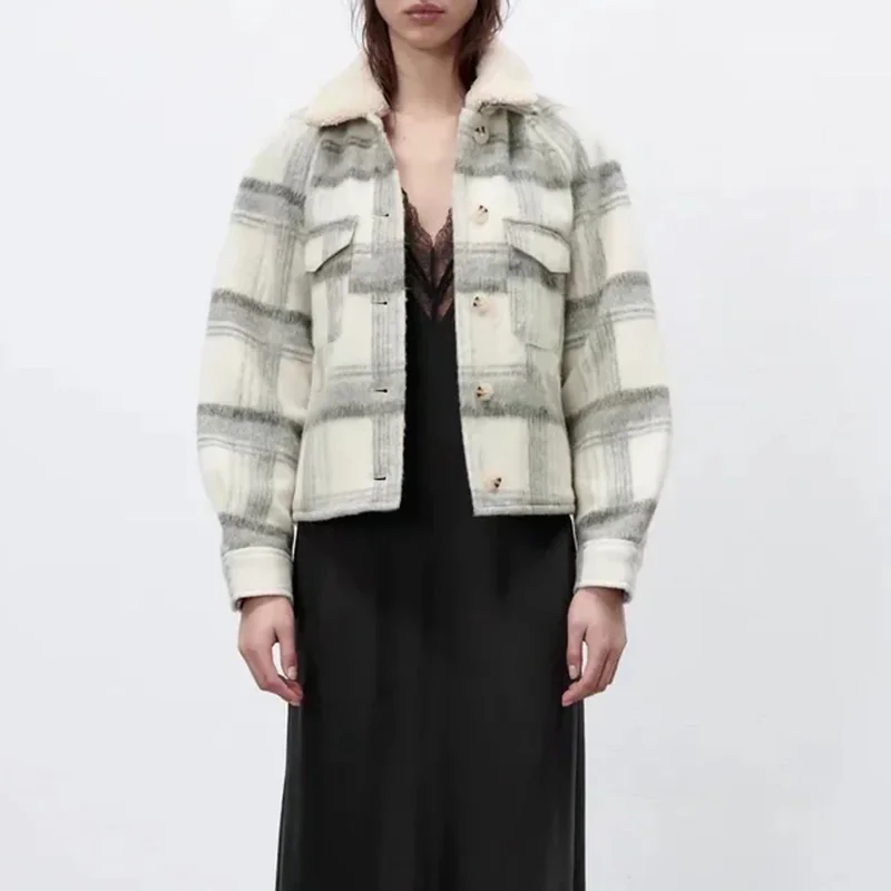 

Za Women's Jackets Coat Plaid Elegant Outwear With Pocket Coat Ladies Chic Long Sleeve Top Female Jacket Button Woman Outerwear