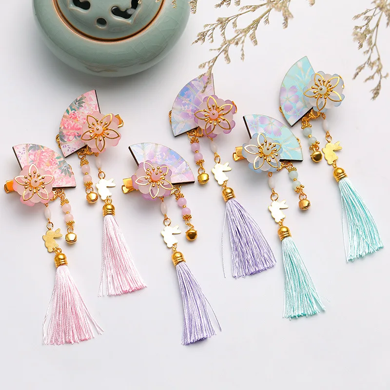 

2 PCS Chinese Style Kids Girls Hairpin Headgear Tassel Flower Fan Hairpin Headgear