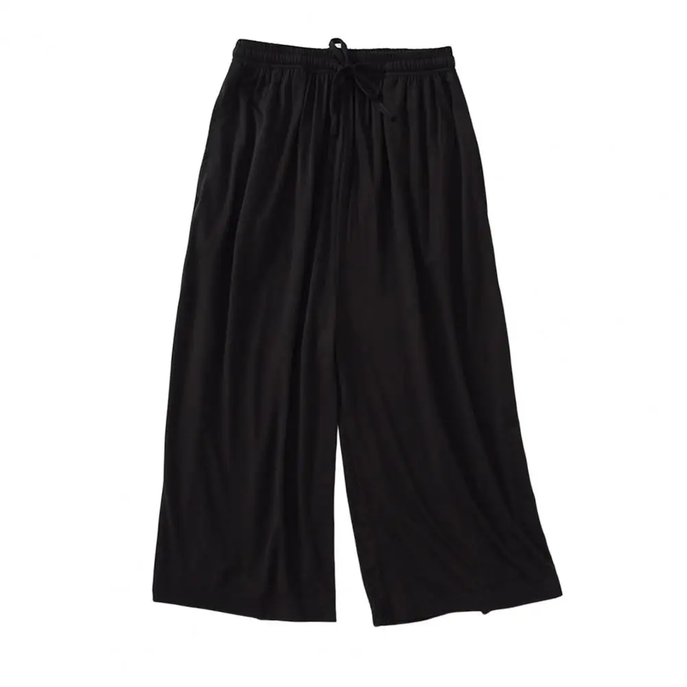 

Mid-rise Elastic Waistband Drawstring Cropped Pants Women Straight Wide Leg Solid Color Summer Casual Mid-calf Pajama Pants