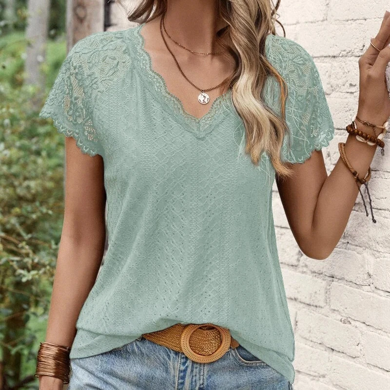 

Summer White Tops Sweet Hook Flower Hollow Blouse New V-neck Short Sleeve Clothes Fashion Splicing Lace Shirt Blusas Mujer 25038